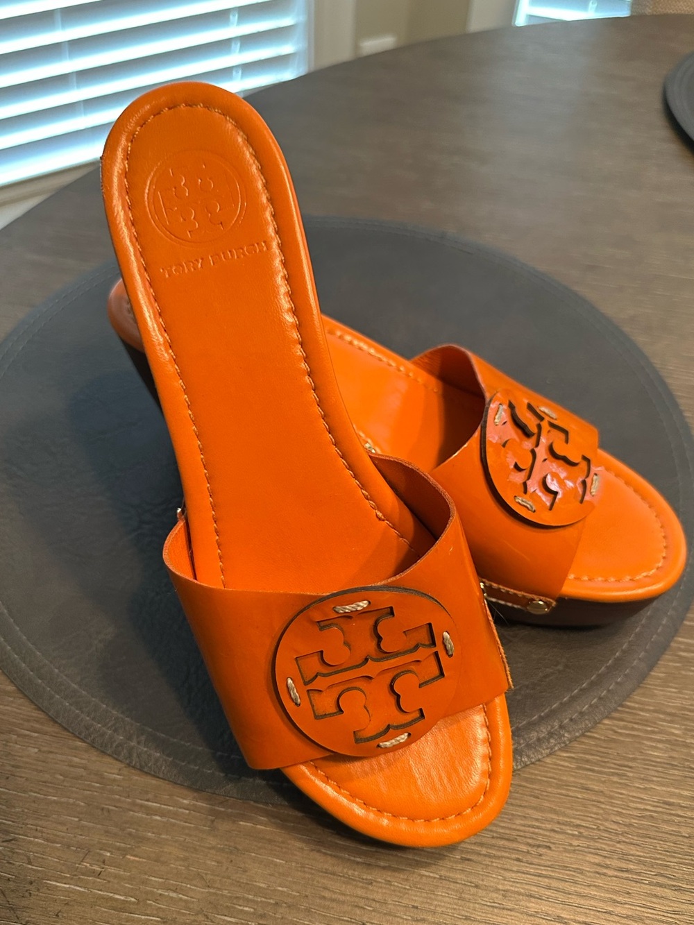 Pre-Loved Tory Burch Orange Patti Leather Wedge Sandals